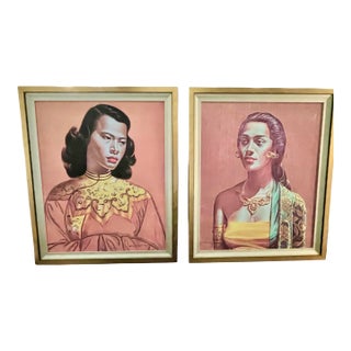 Late 20th Century Pair of Professionally Framed Mid-Century Style Portrait Prints — Asian & Island Muse For Sale