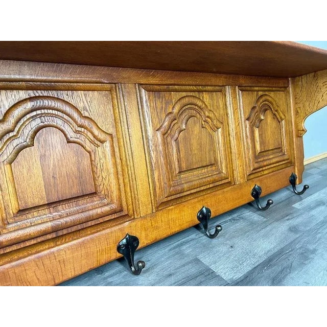 French Vintage Carved Oak Coat Rack with 5 Metal Hooks For Sale - Image 9 of 9