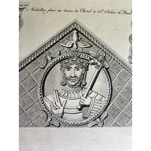 This etching reproduction depicts the pediments of two buildings dating to the 10th and 11th centuries. The title at the...