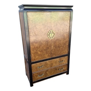 Vintage Chinoiserie Burlwood and Black Armoire With Brass Accents by Century Furniture For Sale