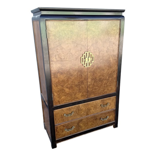 Vintage Chinoiserie Burlwood and Black Armoire With Brass Accents by Century Furniture For Sale