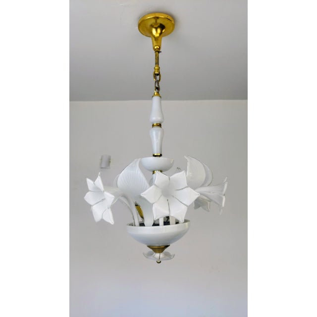 Vintage Italian White Murano Styled Calla Lilly Chandelier Brass Lighting 1970s For Sale - Image 14 of 17