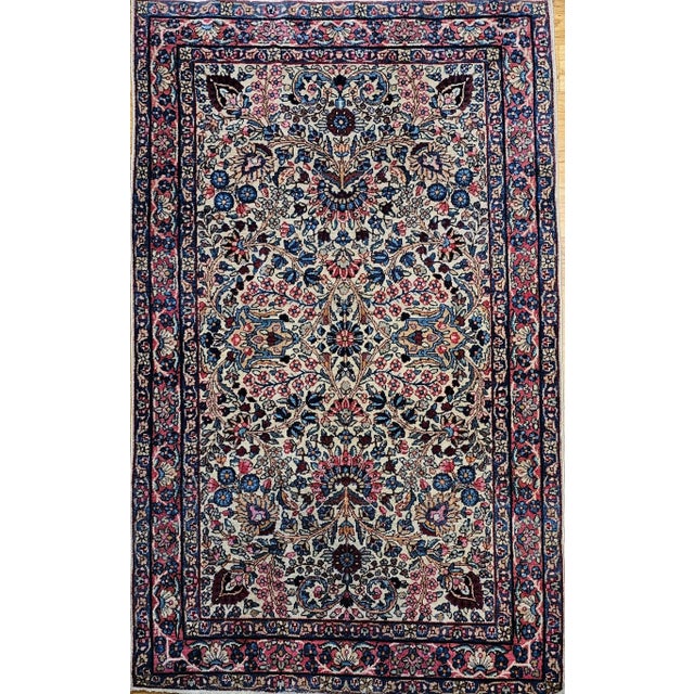 Early 20th Century Vintage Persian Kerman Lavar Area Rug, Handwoven Floral Pattern, Ivory & Blue, 3’ X 5’ For Sale - Image 5 of 12