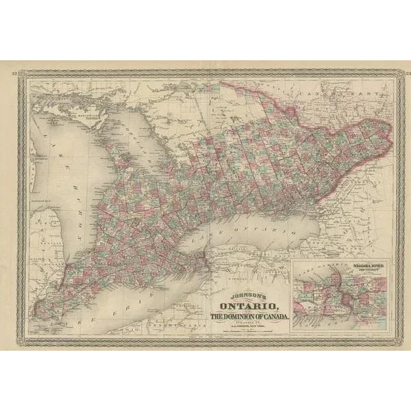 Antique map titled 'Johnson's Ontario, of the dominion of Canada (\.)'. Original map of Ontario, Canada, with an inset map...