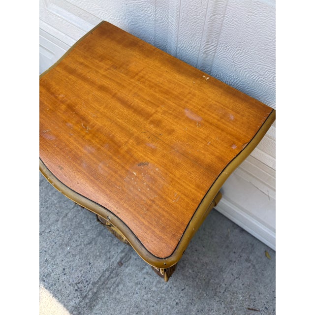 Vintage French Provincial Revival Parquetry Bedside Cabinet Nightstand Chest With Carved Details For Sale - Image 9 of 12
