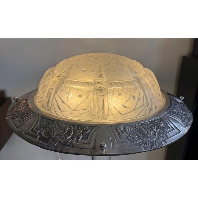 Art Deco A La Nuit Étoilée Ceiling Light in Pressed Molded Glass and Nickel-Plated Bronze by Müller Frères Lunéville, 1930 For Sale - Image 11 of 18