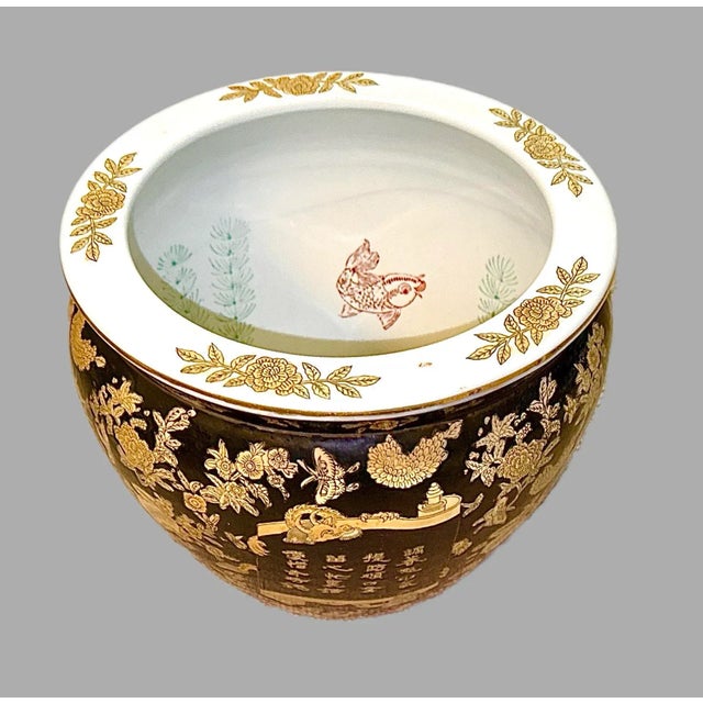 Metal Mid 20th Century Hand Painted Black and Gold Chinese Fishbowl Planter - 12" Wide For Sale - Image 7 of 12