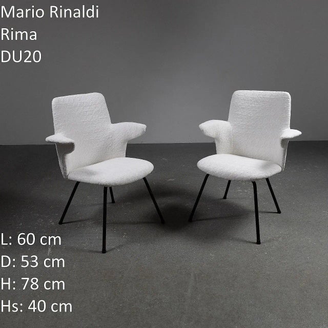 Pair of small armchairs model DU20 designed by Mario Rinaldi and produced by Rima in the 1950s. Black painted metal frame...