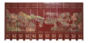 Chinese Twelve-Panel Red Lacquer Coromandel Screen of Xiwangmu