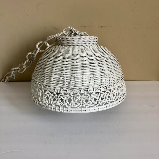 Wood Mid Century White Wicker Hanging Swag Light For Sale - Image 7 of 7