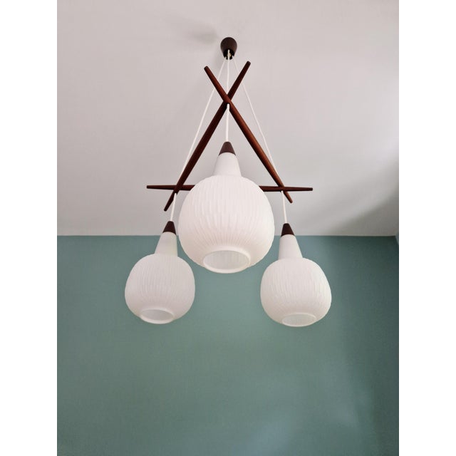 Scandinavian Chandelier in Teak and White Opaline Glass, 1960s For Sale - Image 10 of 18