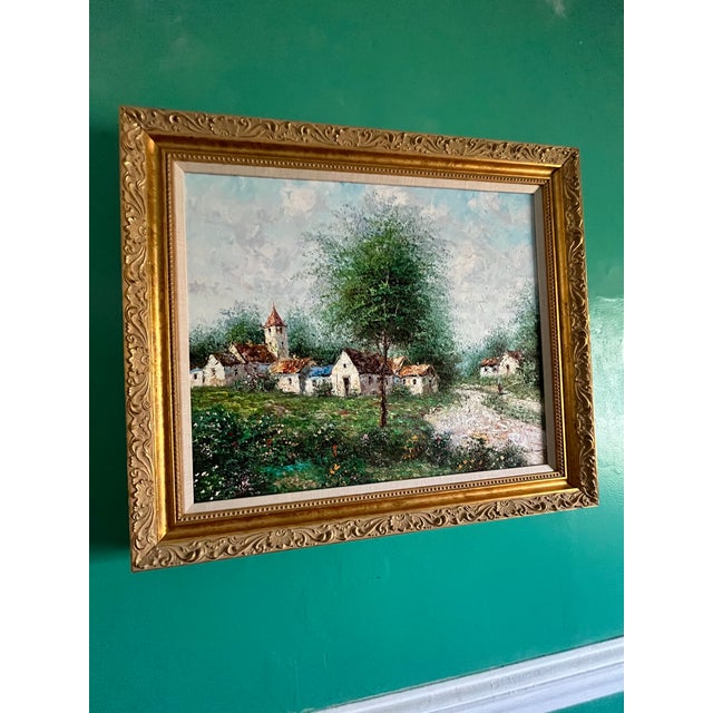 This original hand-painted oil on canvas captures a tranquil German village scene, offering a nostalgic glimpse into mid-...