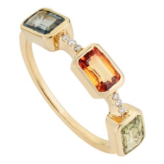 1.92ct Emerald Cut Multi Sapphire & Diamond Three Stone Ring in 14k Yellow Gold Size 8 For Sale