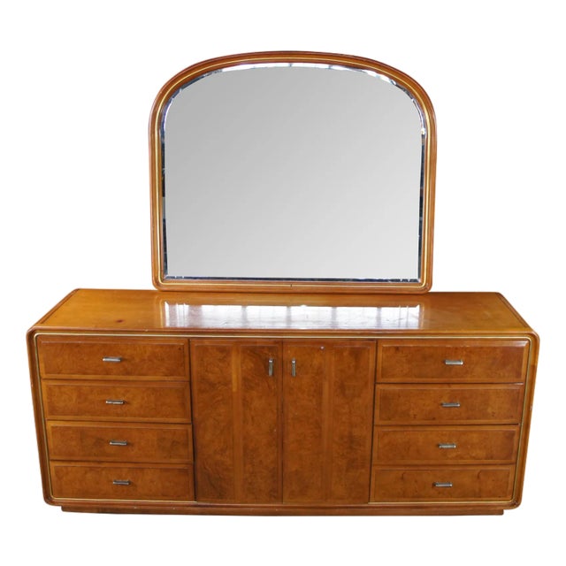 1960s American of Martinsville Art Deco Lowboy Burled Triple Dresser & Mirror MCM For Sale