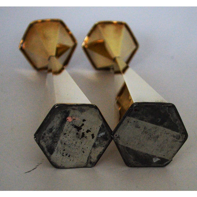 1950s 1950s Brass Plated Art Deco Style Hexagonal Tulip Candlesticks Holders - a Pair For Sale - Image 5 of 6