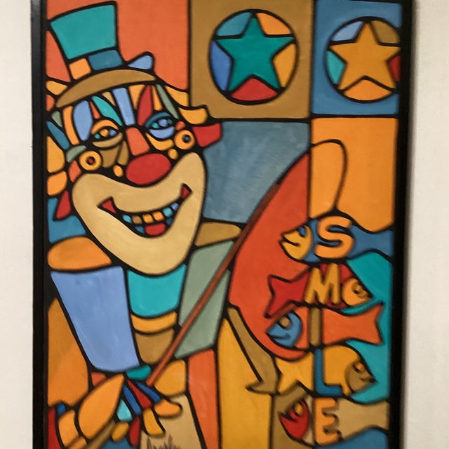 The modern colorful cubist-style framed painting "Smile" by Wrasky features a unique subject of a circus, with a focus on...