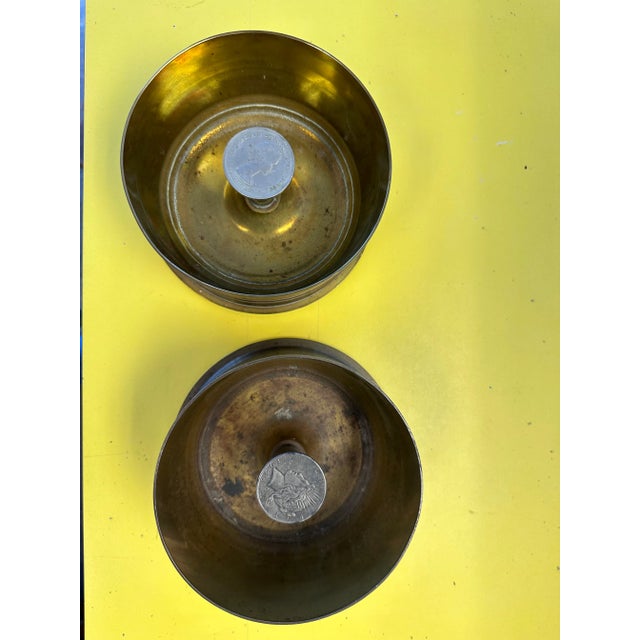 Early 20th Century Pair of Trench Art Catchalls or Ashtrays of Brass Artillery Shell Casings With Coins For Sale - Image 10 of 11