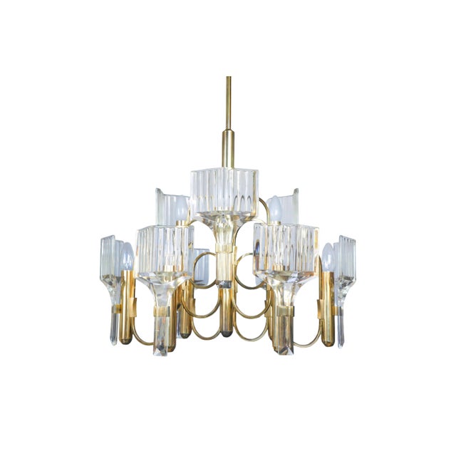 Vintage Brass and Crystal 9-Light Chandelier by Gaetano Sciolari for Sciolari, 1970s, in Good conditions. Designed 1970 to...
