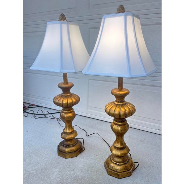 Pair of Monumental 1920s Italian Carved Giltwood Pineapple Table Lamps - 36" Tall Hollywood Regency For Sale - Image 9 of 18