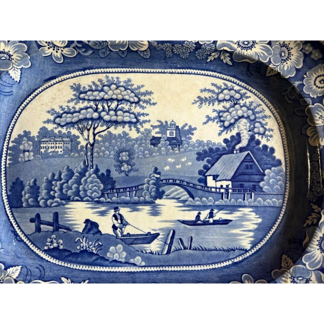 Early 19th Century Antique Dark Blue Transfer Decorated Staffordshire Platter, "Wild Rose" For Sale - Image 5 of 12