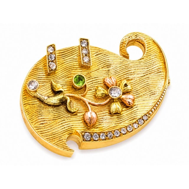 Art Deco Late 19th Century 14K Yellow Rose Green Gold Diamond Garnet Brooch Pin Antique Estate For Sale - Image 3 of 4