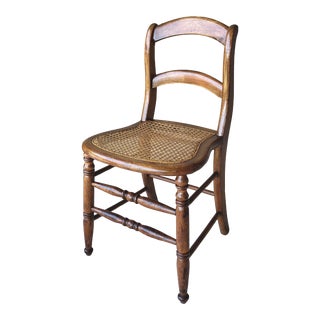 Circa 1920 Petite Solid Oak Wood & Cane Seat Curved Stile Double Rung Ladderback Chair For Sale