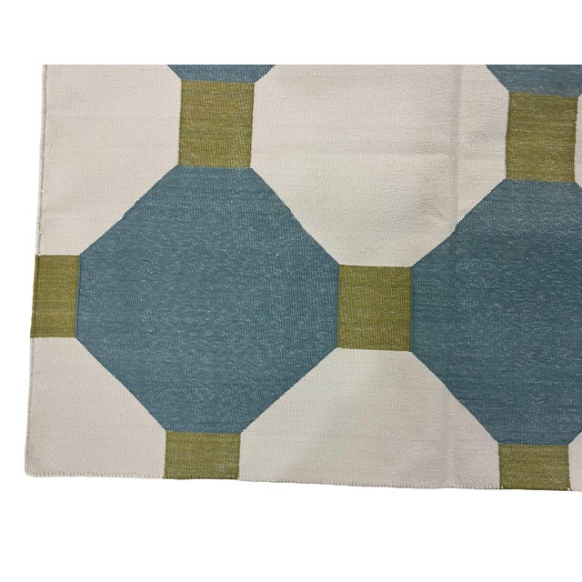 Handmade Cotton Flat Weave Area Rug, Teal Blue, Cream and Olive Green Tile Dhurrie - 8'x10' For Sale - Image 13 of 13