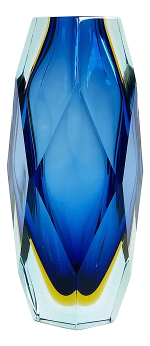 Large Mid-Century Modern Blue, Yellow and Clear Faceted Honeycomb Sommerso Murano Glass Vase attributed to Alessandro Mandruzzato, 1970s