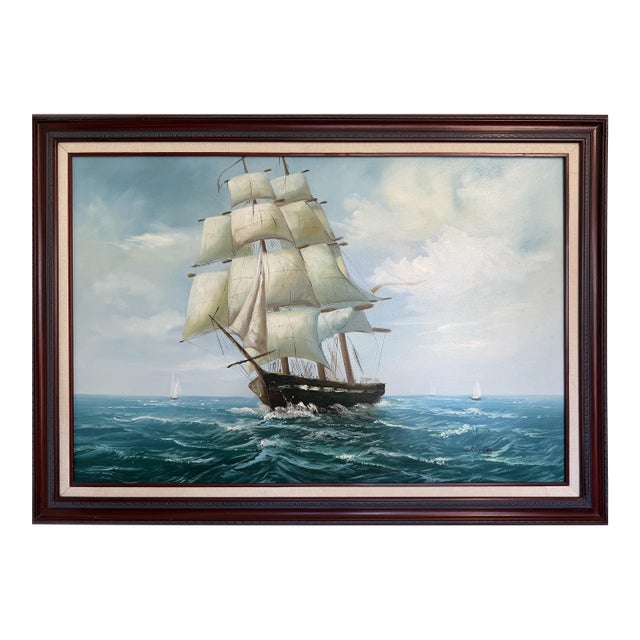 Late 20th Century Charley - Original Marine Oil Painting Tall Ship on Open Sea Nautical Seascape For Sale