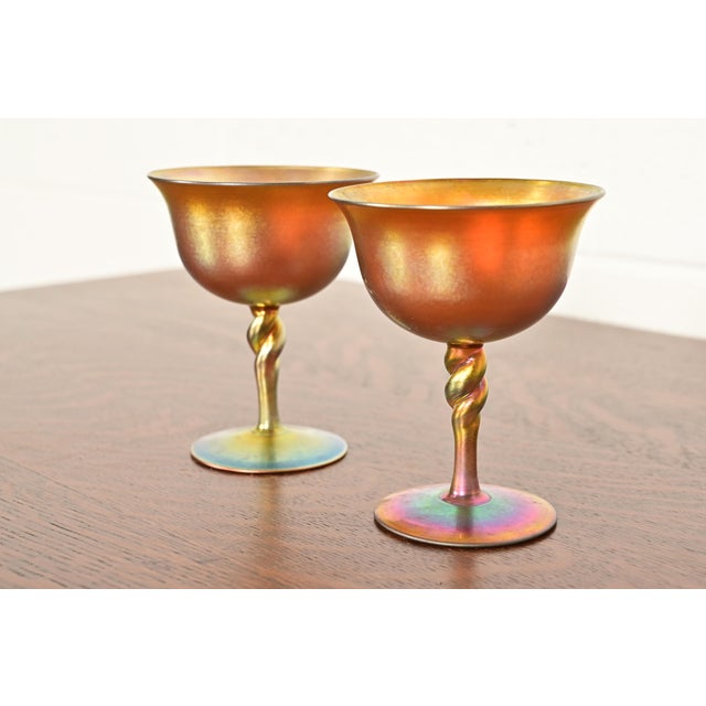 Early 20th Century Steuben Aurene Iridescent Art Glass Goblets - a Pair For Sale - Image 11 of 11