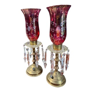 Vintage Hollywood Regency Red Glass & Crystal Prism Boudoir Lamps, Pair For Sale