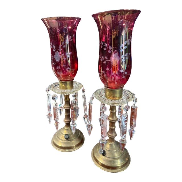 Vintage Hollywood Regency Red Glass & Crystal Prism Boudoir Lamps, Pair For Sale