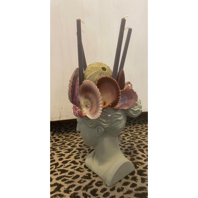 Shell-Encrusted Bust in Farrow & Ball “Blue Gray” With Candle Holders For Sale In Savannah - Image 6 of 12