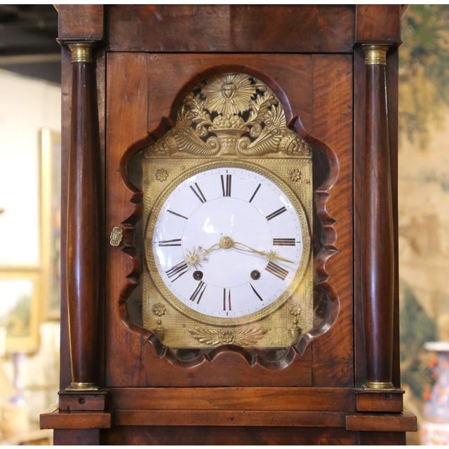 Brass Early 19th Century French Empire Walnut Tall Case Grandfather Clock For Sale - Image 8 of 10