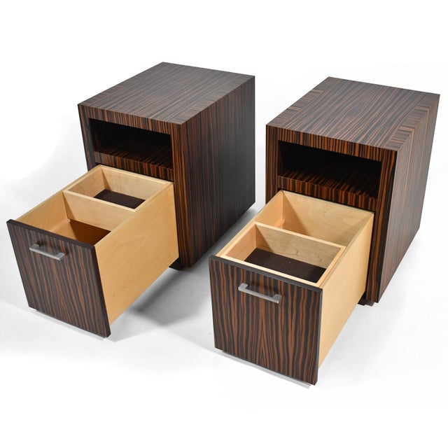 Brown Bespoke Nightstands in Zebra Wood (Pair) For Sale - Image 8 of 11