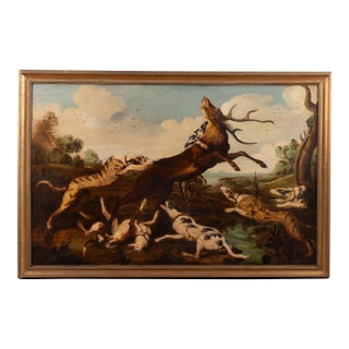 Mid 19th Century Large Original Oil on Canvas of "The Stag Hunt," Spain For Sale