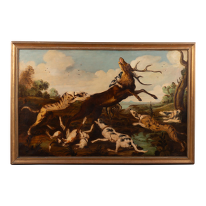 Mid 19th Century Large Original Oil on Canvas of "The Stag Hunt," Spain