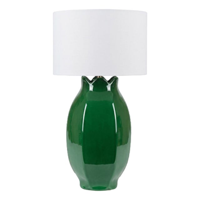 Matthew Izzo Home Mae Kelly Green Ceramic Table Lamp With White Linen Drum Shade For Sale