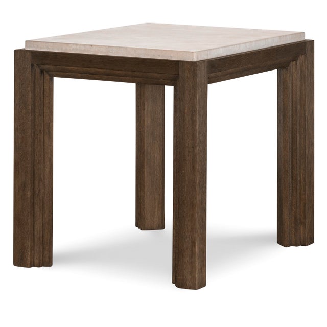 A refined square side table that pairing warm oak with a pale travertine top. This two-tone piece features substantial,...