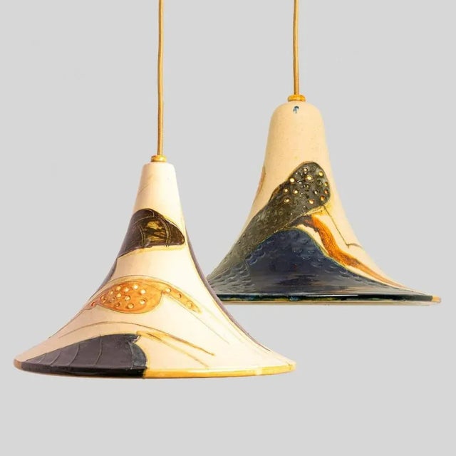 Ochre Blue Cream Orange Ceramic Cone Pendants, Denmark, 1970, Set of 2 For Sale - Image 15 of 16