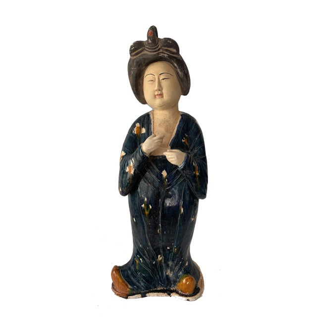Chinese Tang Style Chinese Court Ladies in Blue Dress Ceramic Glazed Terracotta Figurines 24"h For Sale - Image 3 of 8