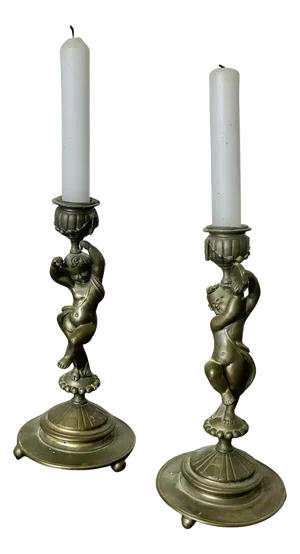 19th Century Brass Candleholders with Dancing Cherubs, Set of 2