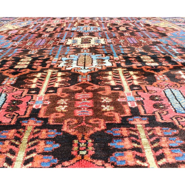 Mid 20th Century Antique Persian Bakhtiari Rug in Charcoal, Brown, Blue, Yellow and Green For Sale - Image 5 of 9