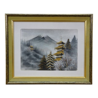 Late 20th Century Japanese Mt Fuji With Pagoda Crewel Embroidered Mountain Landscape 16" For Sale