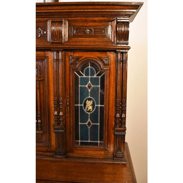 Gothic 1860s Antique French Gothic Revival Solid Oak & Stained Glass Doors Cabinet For Sale - Image 3 of 18