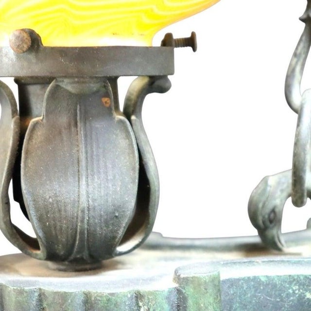 Aesthetic Movement Figural Bronze \Chandelier With Owl & Quezal Shades C1900 For Sale - Image 10 of 13