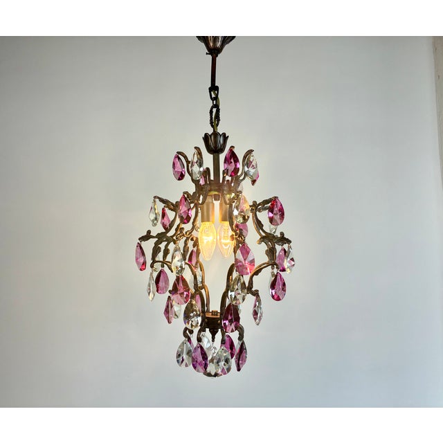 Glass Antique Vintage 1960s Crystal Chandelier – Hand-Restored, Pink Hand-Painted Crystals For Sale - Image 7 of 17