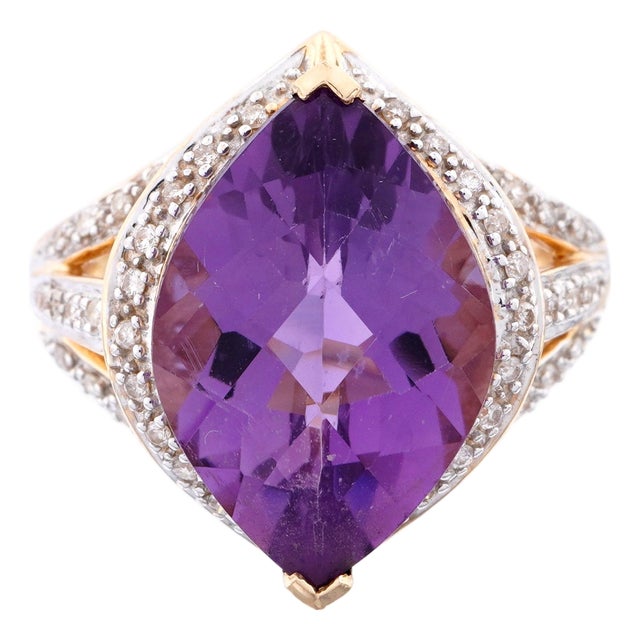 14k Gold Vintage Amethyst and Diamond Cocktail Ring For Sale