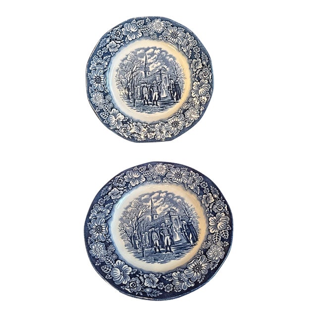 Vintage Liberty Blue “Washington Leaving Christ Church” Plates – Staffordshire Transferware, Americana Decor - a Pair For Sale