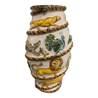 Vintage Italian Style Majolica Relief Animal Spiral Vase For Sale